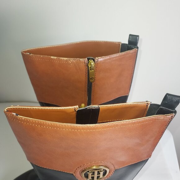 Tommy Hilfiger blk/brown faux leather almond toe knee high riding boot. - Picture 6 of 7